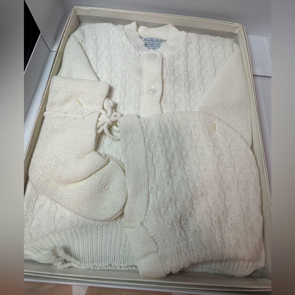 Vintage 1970s 1980s Novelty Knit Infant 3 Piece Sweater Bonnet Bootie Set NEW - Picture 5 of 7